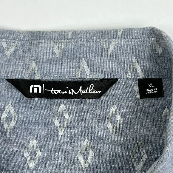 Travis Mathew Blue Gray Diamond Print Short Sleeve Button Down Shirt Men’s XL - Picture 6 of 8